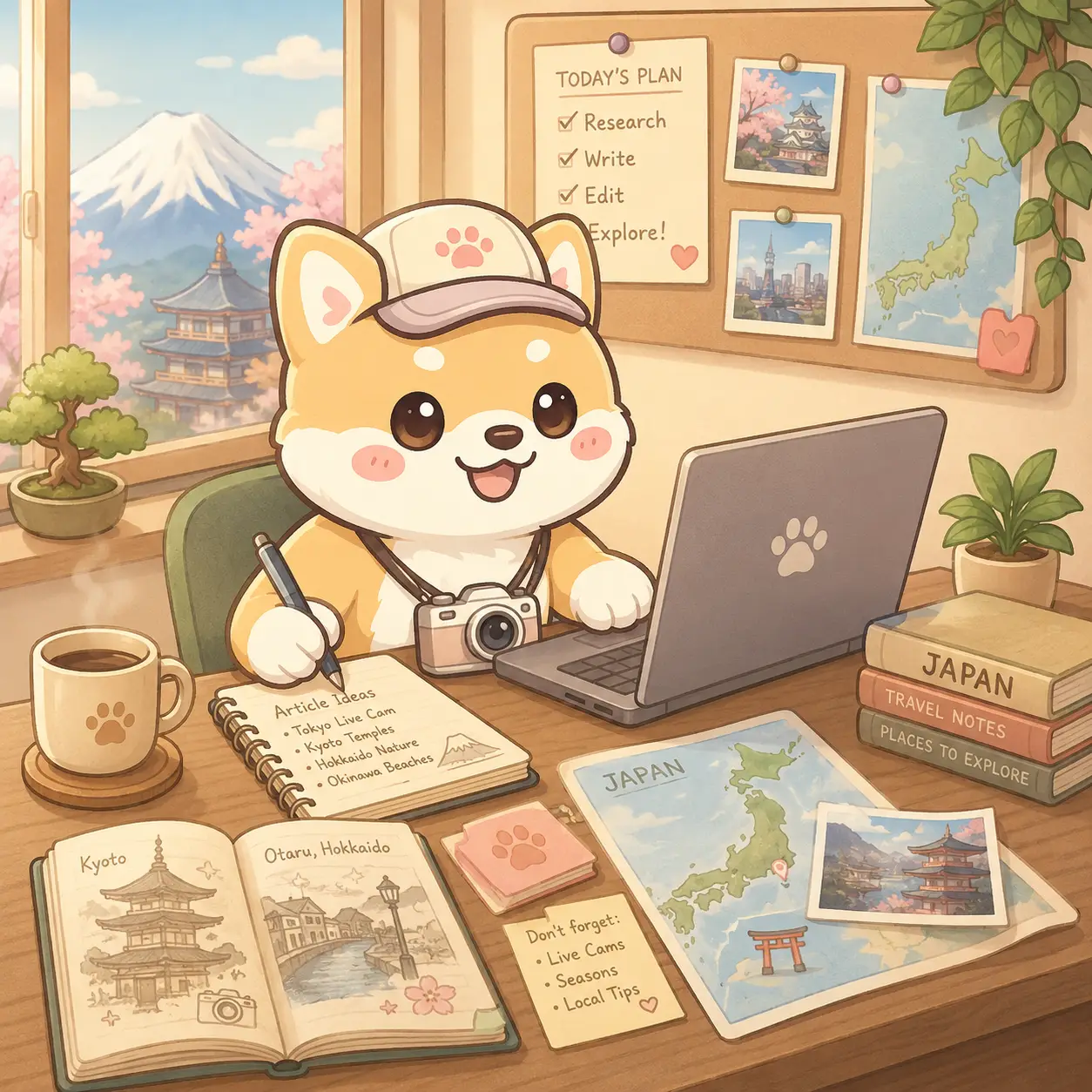 Sibi, a cheerful Shiba Inu traveler with a camera, backpack and explorer’s cap